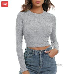 Long Sleeve Ribbed Crop Top Slim Fit Stretchy Knit Basic Tee